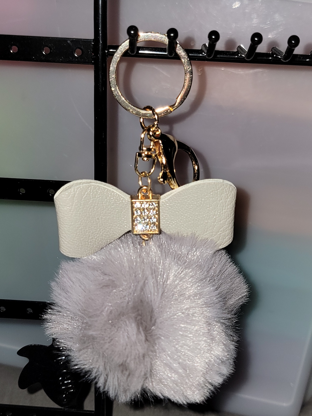Gray Faux Fur Pom Bow Keychain with Gold Hardware
